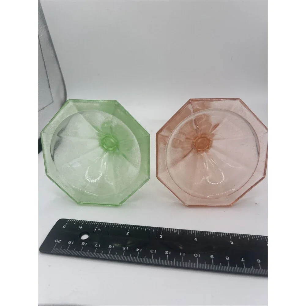 Pair of Pink & Green Vintage Elegant Depression Glass Candle Stick Holders